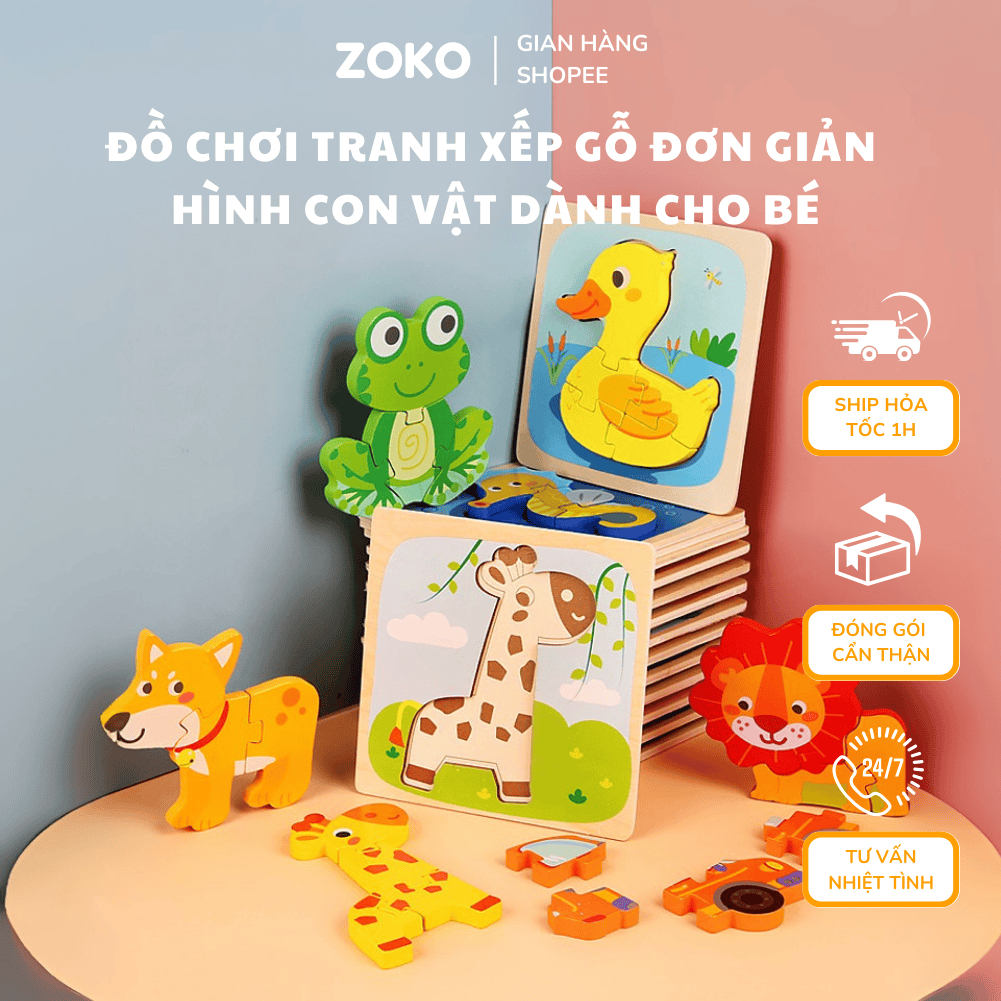 Đồ Chơi Ghép Hình Ghép Hình Gỗ Nổi 3D Hình Động Vật Dễ Thương - Giúp Bé Học Và Nhận Biết Các Con Vật