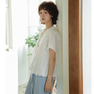 Áo Sơ Mi Babydoll Trắng Tay Ngắn Nữ Kiểu Dáng Vintage Cakecat Dễ Thương Cotton Thoáng Mát