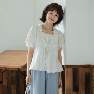 Áo Sơ Mi Babydoll Trắng Tay Ngắn Nữ Kiểu Dáng Vintage Cakecat Dễ Thương Cotton Thoáng Mát
