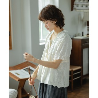 Áo Sơ Mi Babydoll Trắng Tay Ngắn Nữ Kiểu Dáng Vintage Cakecat Dễ Thương Cotton Thoáng Mát
