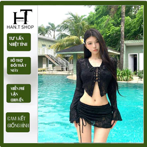 Ms 092 Bikini đồ bơi biển bốn chi tiết áo có mút áo KHOÁC ĐAN DÂY phối váy rút dây sẵn chip sang xịn