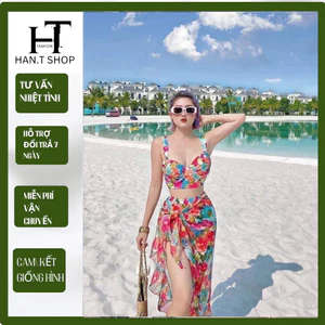ĐỒ BƠI ĐI BIỂN,BIKINI HOA HỒNG KÈM KHĂN MẪU MỚI QUYẾN RŨ BKN15