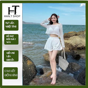 BIKINI, ĐỒ BƠI đi biển thời trang,3 chi tiết áo bra có mút quần short kèm áo KHOÁC REN LỖ tay dài chuẩn hình BiKiNi HANT
