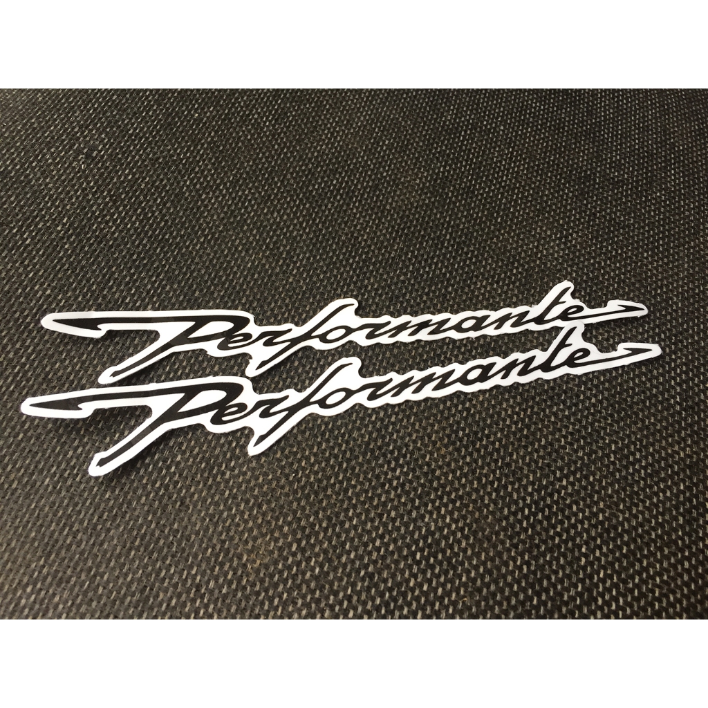 Cặp chữ Performante đen viền trắng. Sticker hình dán chống nước. Tem dán xe máy, vali, nón bảo hiểm, điện thoại, laptop