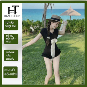 Bộ Đồ Bơi Một Mảnh Ôm Bụng, jum Tay Ngắn (THUN TĂM+KHĂN) phối bèo kết nơ tôn dáng siêu xinh,HAN.T SHOP ( Tùy Chiều cao )
