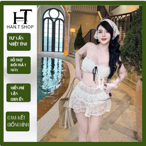 Bikini, Đồ Bơi đi biển Áo bra có mút quần bikin CHÂN VÁY REN kèm khăn có dây tăng đưa, HAN.T Shop