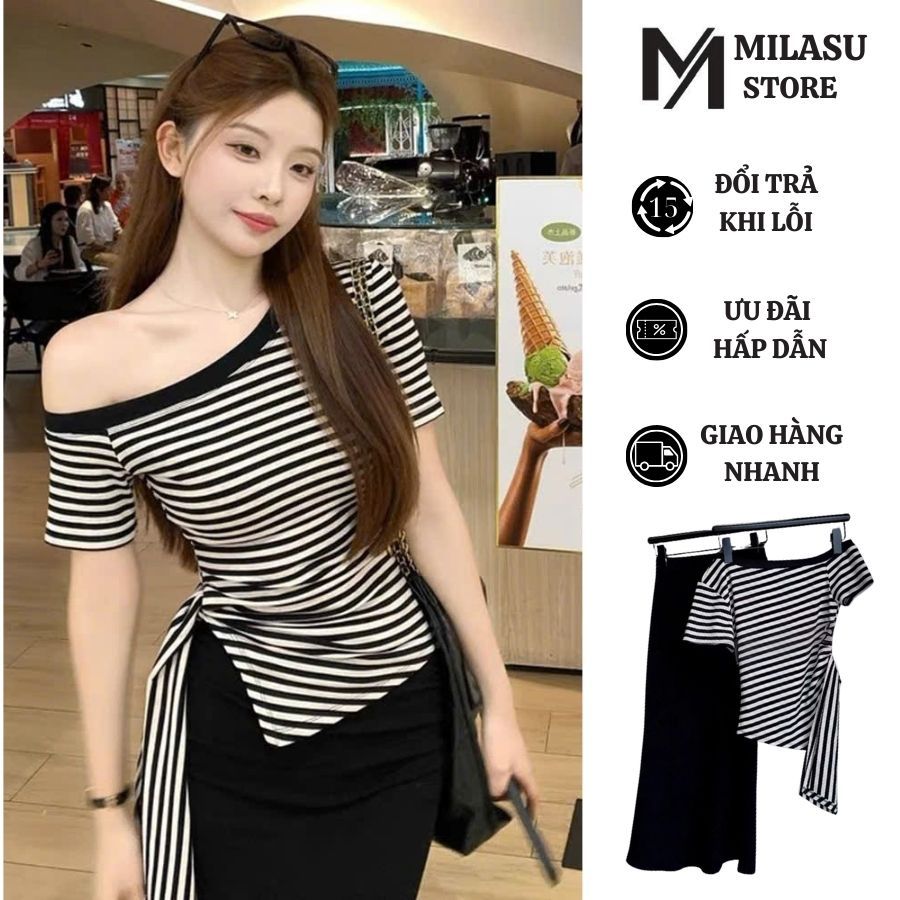 Set Áo Lệch Vai Kẻ Sọc Vạt Nhọn Buộc Dây Eo Kèm Chân Váy Dáng Dài Đuôi Cá Milasu 429
