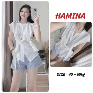 Áo Sơ Mi Hamina Thiết Kế Cổ Tàu Kiểu Nữ Tay Hến Cách Điệu Chiết Eo Thắt Nơ Bigsize Chất Đũi Vân Mây Mỏng Mát 463