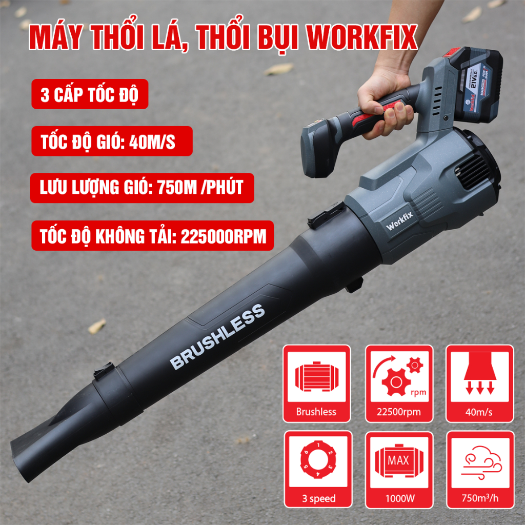 [1000W -FULL PHỤ KIỆN] Máy Thổi Lá Pin 15/20CELL Workfix WF-LB03BL, Chuyên Thổi Lá, Bụi, Rác,...