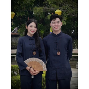 Bộ đi chùa cổ trụ dài tay nam nữ mặc được lụa nhuyễn mềm mát Pháp phục đi lễ khuy tết vải mềm mát