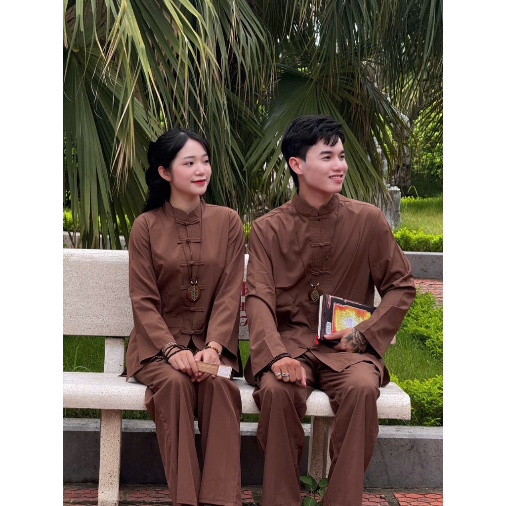 [SET NAM VÀ NỮ] Bộ đi chùa cổ trụ dài tay nam nữ mặc được lụa nhuyễn mềm mát Pháp phục đi lễ khuy tết vải mềm mát
