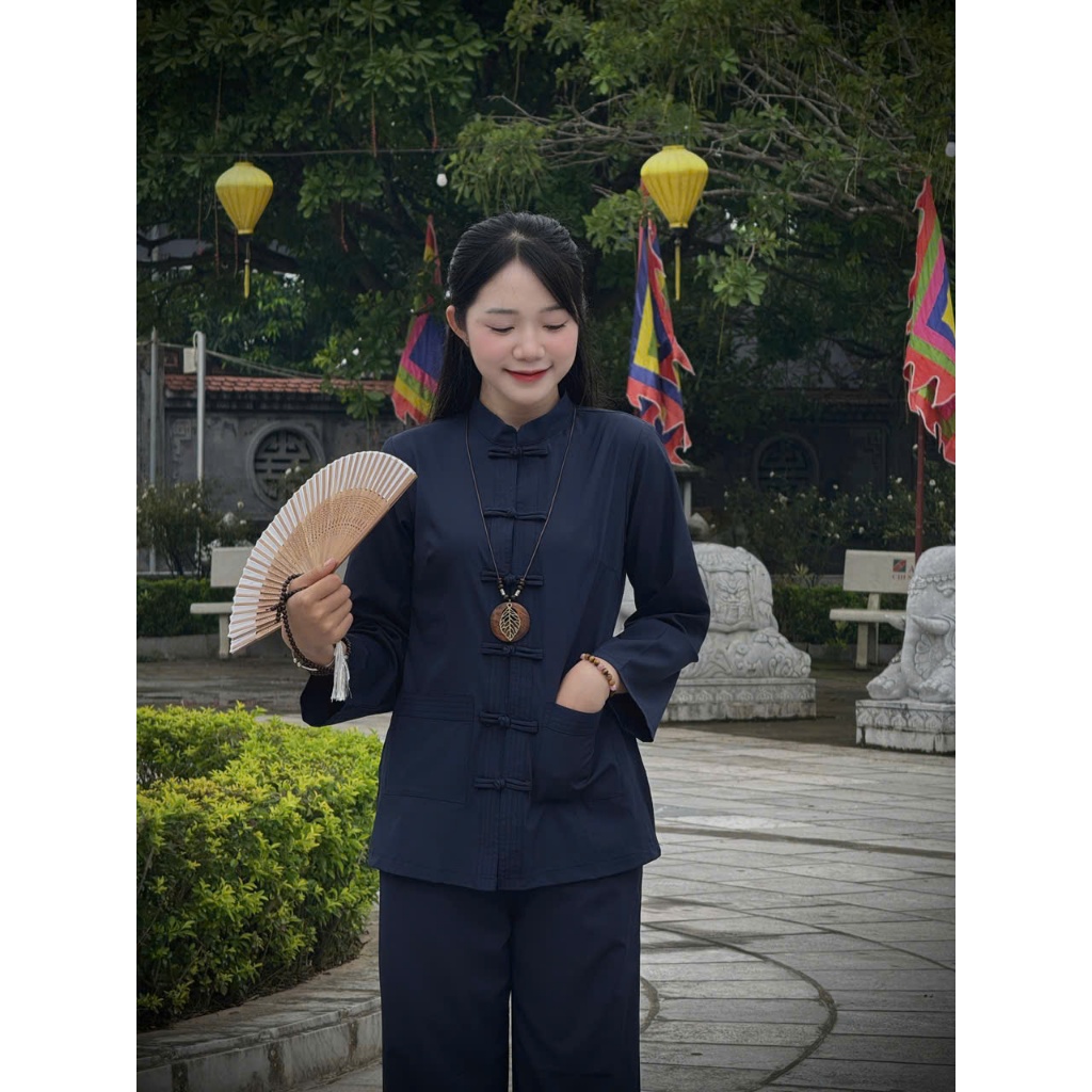 [SET NAM VÀ NỮ] Bộ đi chùa cổ trụ dài tay nam nữ mặc được lụa nhuyễn mềm mát Pháp phục đi lễ khuy tết vải mềm mát