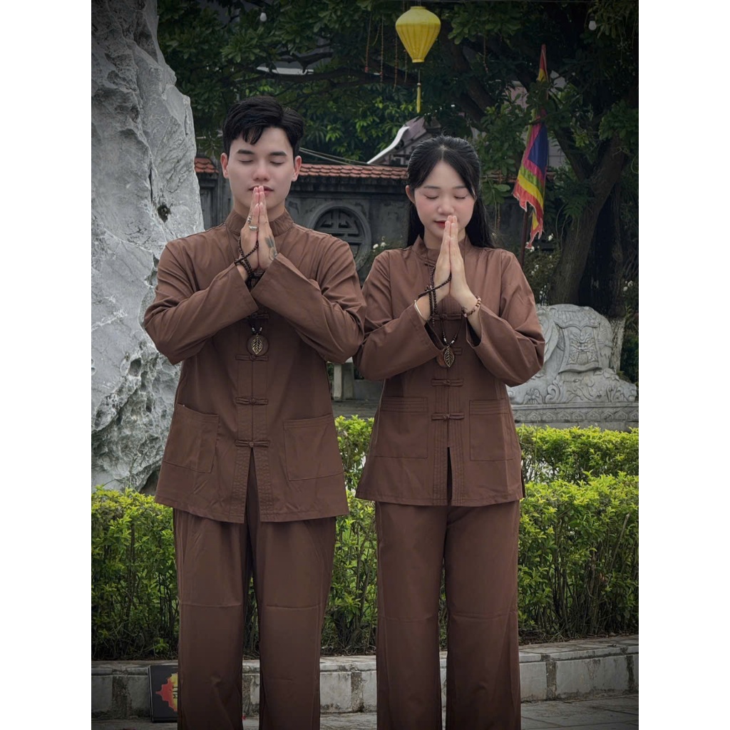 [SET NAM VÀ NỮ] Bộ đi chùa cổ trụ dài tay nam nữ mặc được lụa nhuyễn mềm mát Pháp phục đi lễ khuy tết vải mềm mát