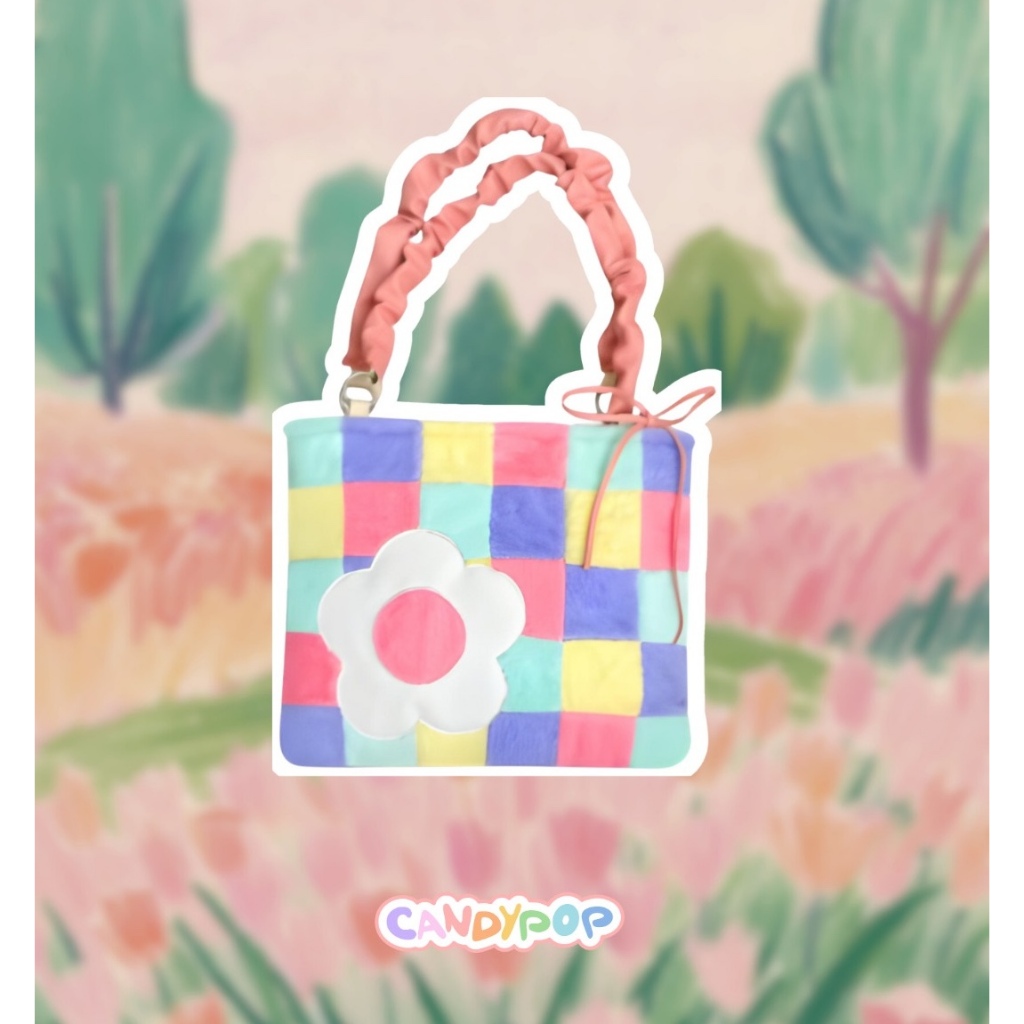 Puffie bag BLOOM - Túi tote vải lông phối da hoạ tiết nhiều màu pastel.