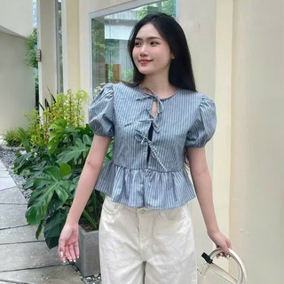 Áo Kiểu Nữ Kẻ Sọc Babydoll Tay Phồng (Tặng Kèm Áo 2 Dây Trắng) Chất Đũi WAK019