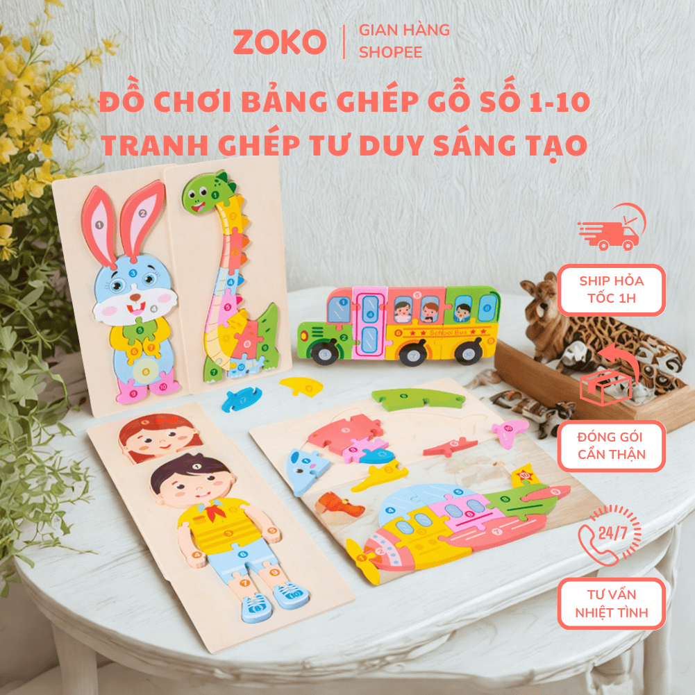 Tranh Ghép Gỗ Học Số 1–10 Cho Bé – Chủ Đề Khủng Long, Động Vật, Máy Bay – Tư Duy Tốt