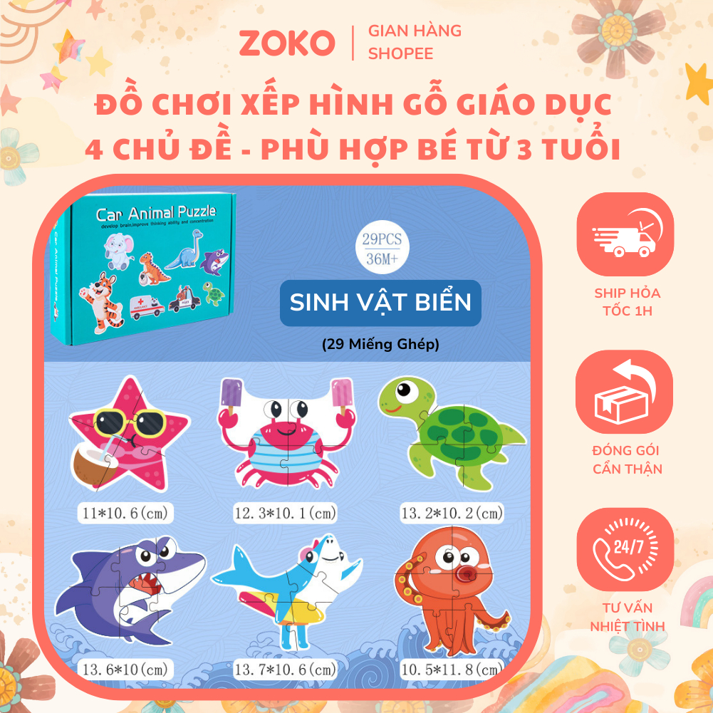 Đồ Chơi Xếp Hình Giáo Dục Sớm Bằng Gỗ Cho Bé -  Chủ Đề Động Vật, Phương Tiện Giao Thông Kèm Hộp