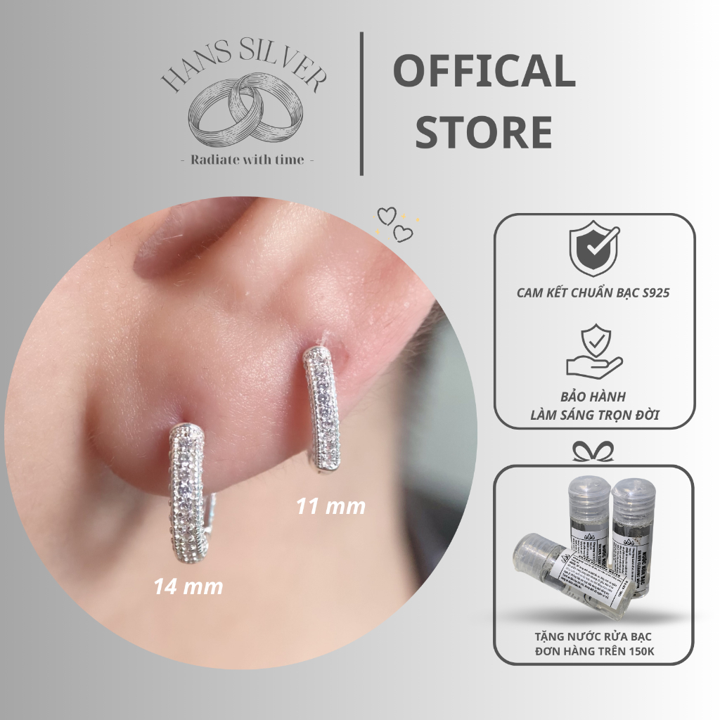 Khuyên tai bạc S925 nam nữ vòng bấm đính full đá Hans Silver KTHA120120