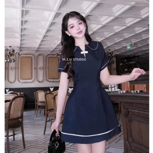 Đầm cộc tay phối viền thiết kế dáng ngắn xoè, Váy nữ cổ bẻ đính tag cao cấp, mặc đi làm công sở • MIU.STUDIO
