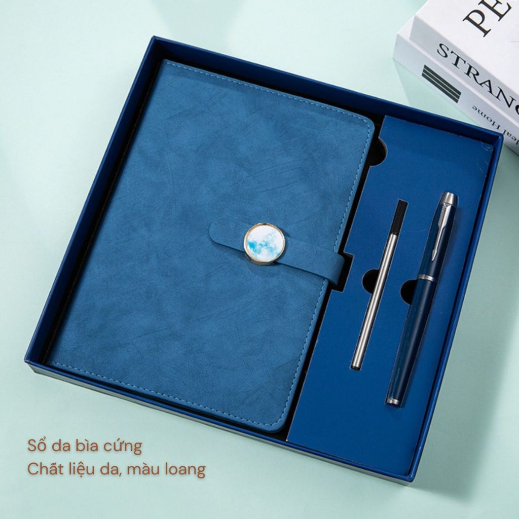 Quà tốt nghiệp - set quà gồm sổ tay A79 màu loang, bút ký hộp kèm túi đựng