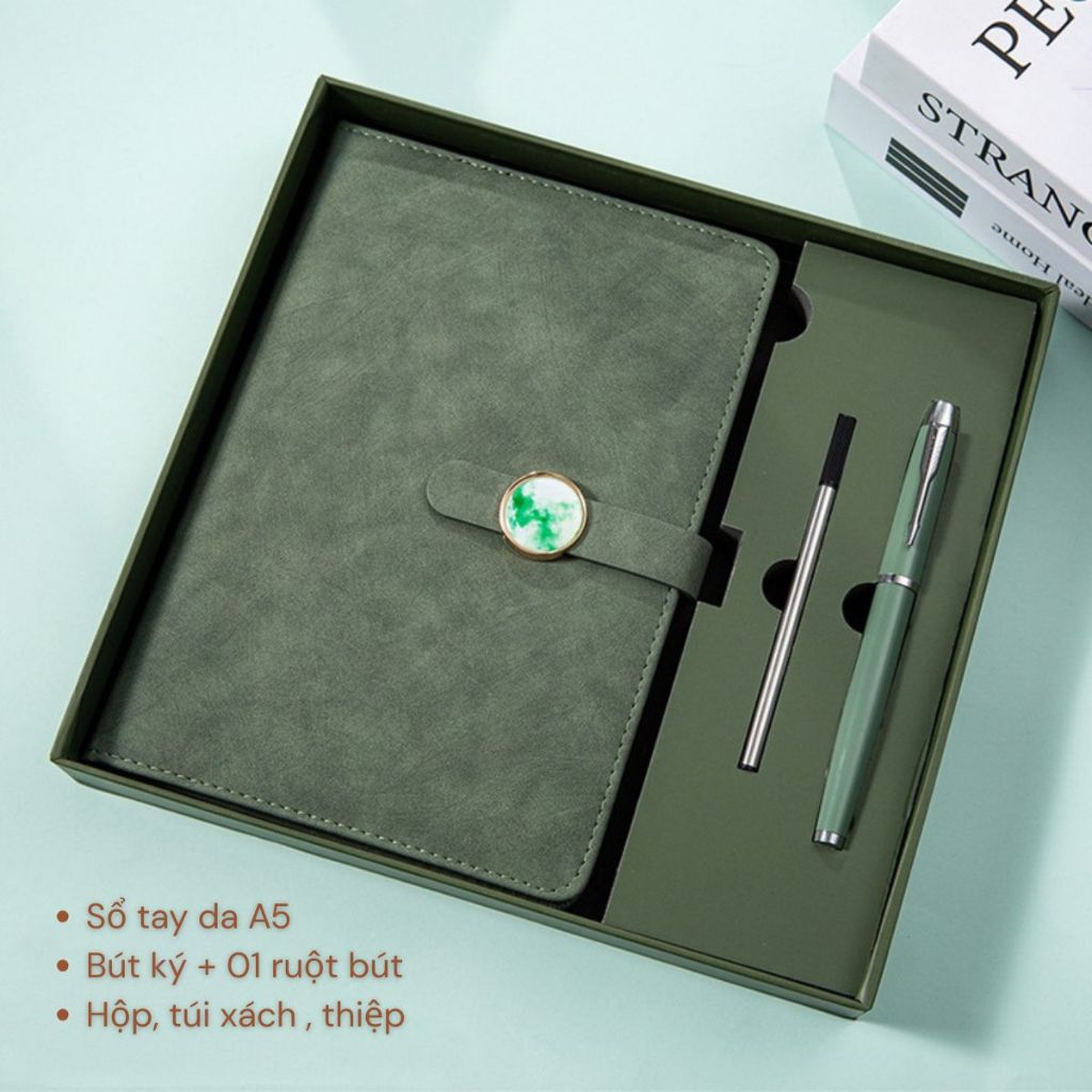 Quà tốt nghiệp - set quà gồm sổ tay A79 màu loang, bút ký hộp kèm túi đựng