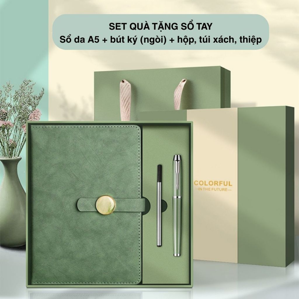 Quà tốt nghiệp - set quà gồm sổ tay A79 màu loang, bút ký hộp kèm túi đựng