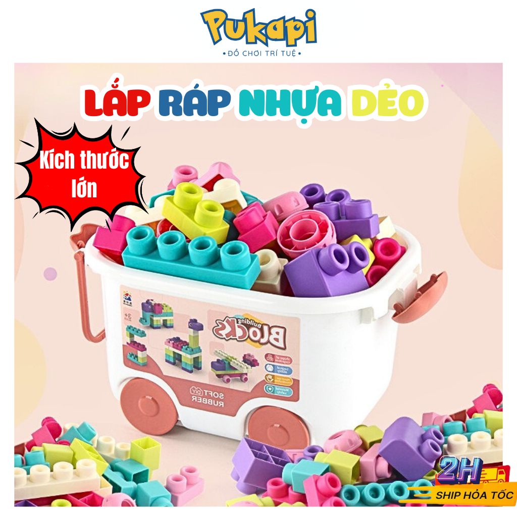 Thùng Đồ Chơi Xếp Hình Nhựa Dẻo 50 Chi Tiết Lớn Lắp Ráp Hộp Đồ Chơi Thông Minh Size To - Đồ Chơi Cho Bé PUKAPI