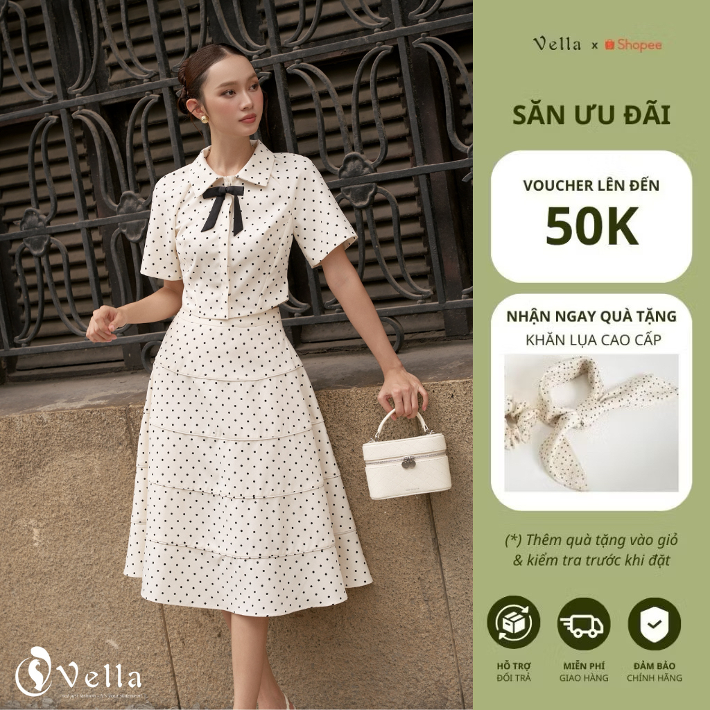 Áo croptop sơ mi nữ tay ngắn chấm bi cài nơ, váy xòe chấm bi Vella Fashion VA25062 & VV25063