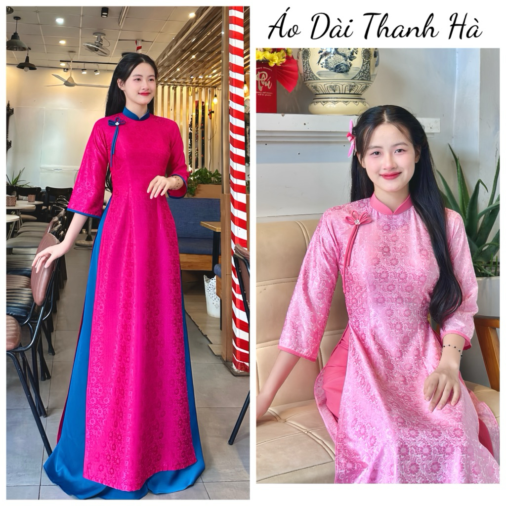 Áo Dài Truyền Thống Chất Gấm Lụa Tơ Tằm Hoa Trà,Tay Loe Đính Nơ Cách Điệu Trẻ Trung- Áo Dài Thanh Hà