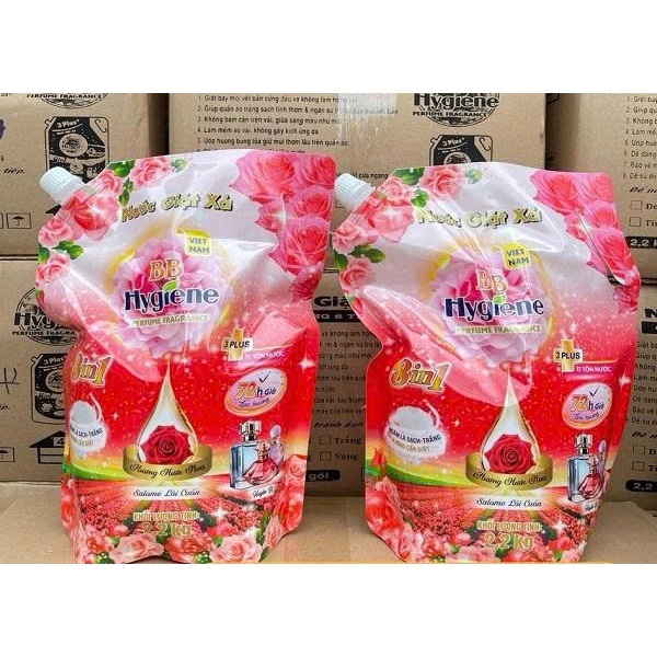 (COMBO 2 TÚI) Nước giặt đậm đặc HyGienB Plus giặt sạch quần áo thơm hương nước hoa - Túi 2.2 Kg.!
