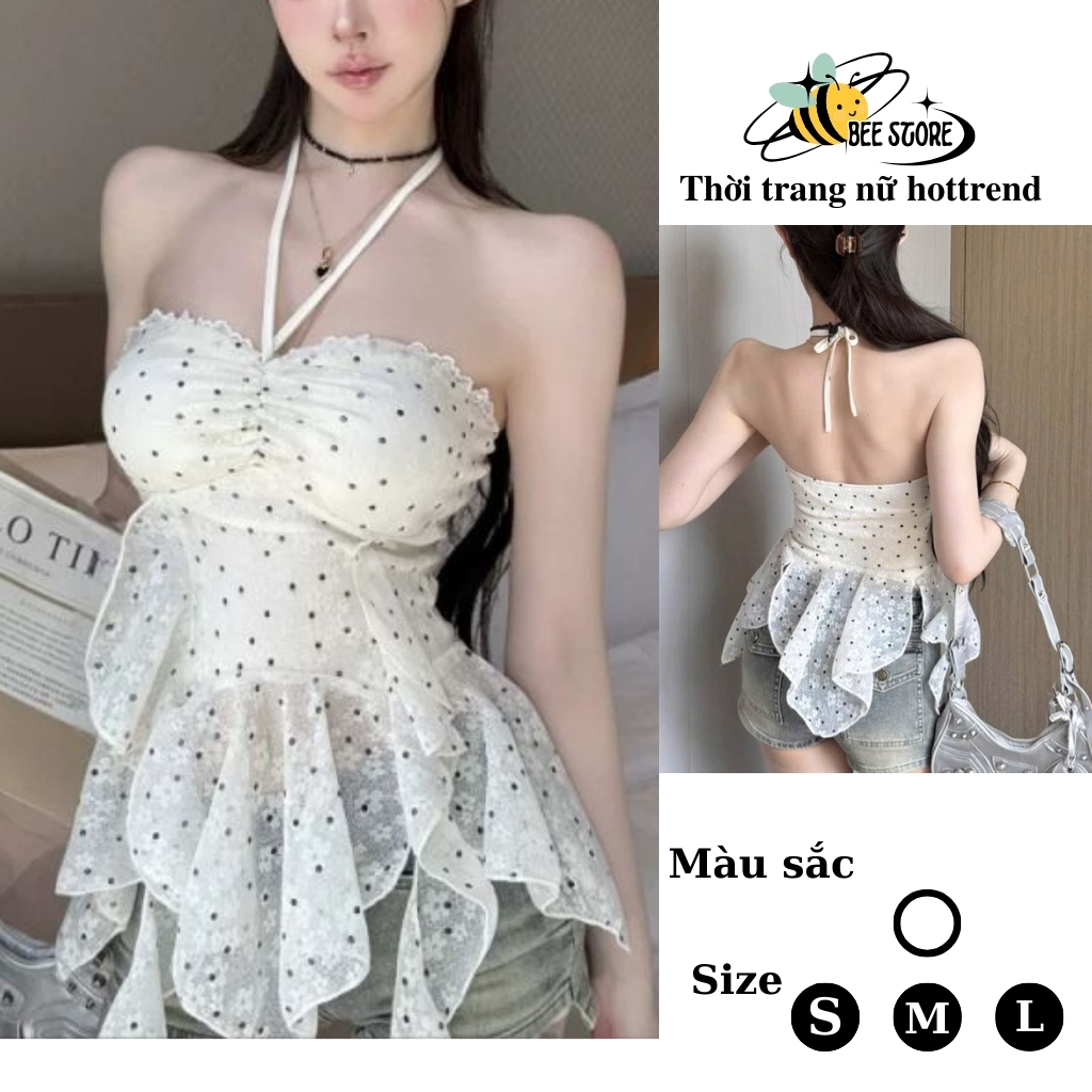 Áo ống nữ cúp ngực tua rua họa tiết chấm bi phối dây cột cổ Bee Store ...