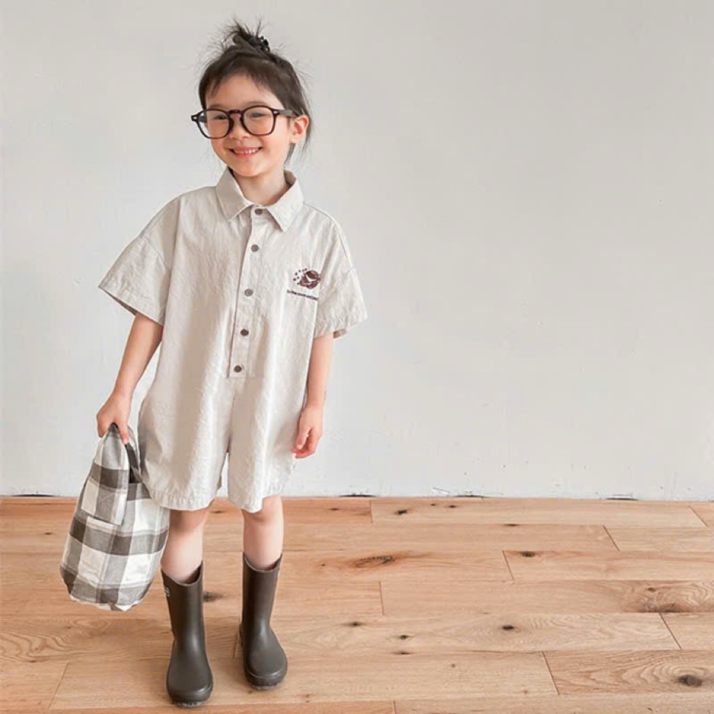 (Sẵn 90) Yếm suit đùi cổ đức hoạ tiết vũ trụ vải kaki mềm dành cho bé trai - bé gái