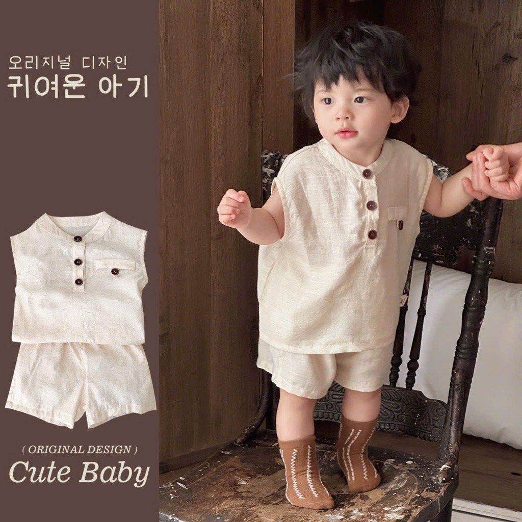 (Order) Bộ quần áo vải đũi mềm cúc khuy trước ngực phong cách Hàn Quốc dành cho bé trai