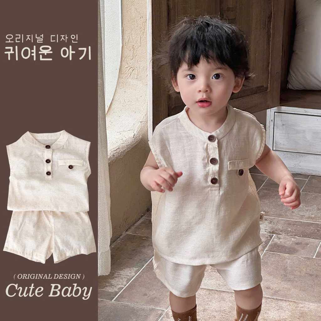 (Order) Bộ quần áo vải đũi mềm cúc khuy trước ngực phong cách Hàn Quốc dành cho bé trai