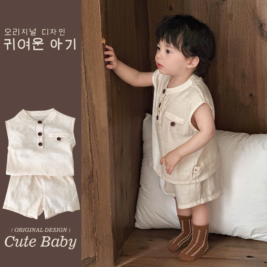 (Order) Bộ quần áo vải đũi mềm cúc khuy trước ngực phong cách Hàn Quốc dành cho bé trai