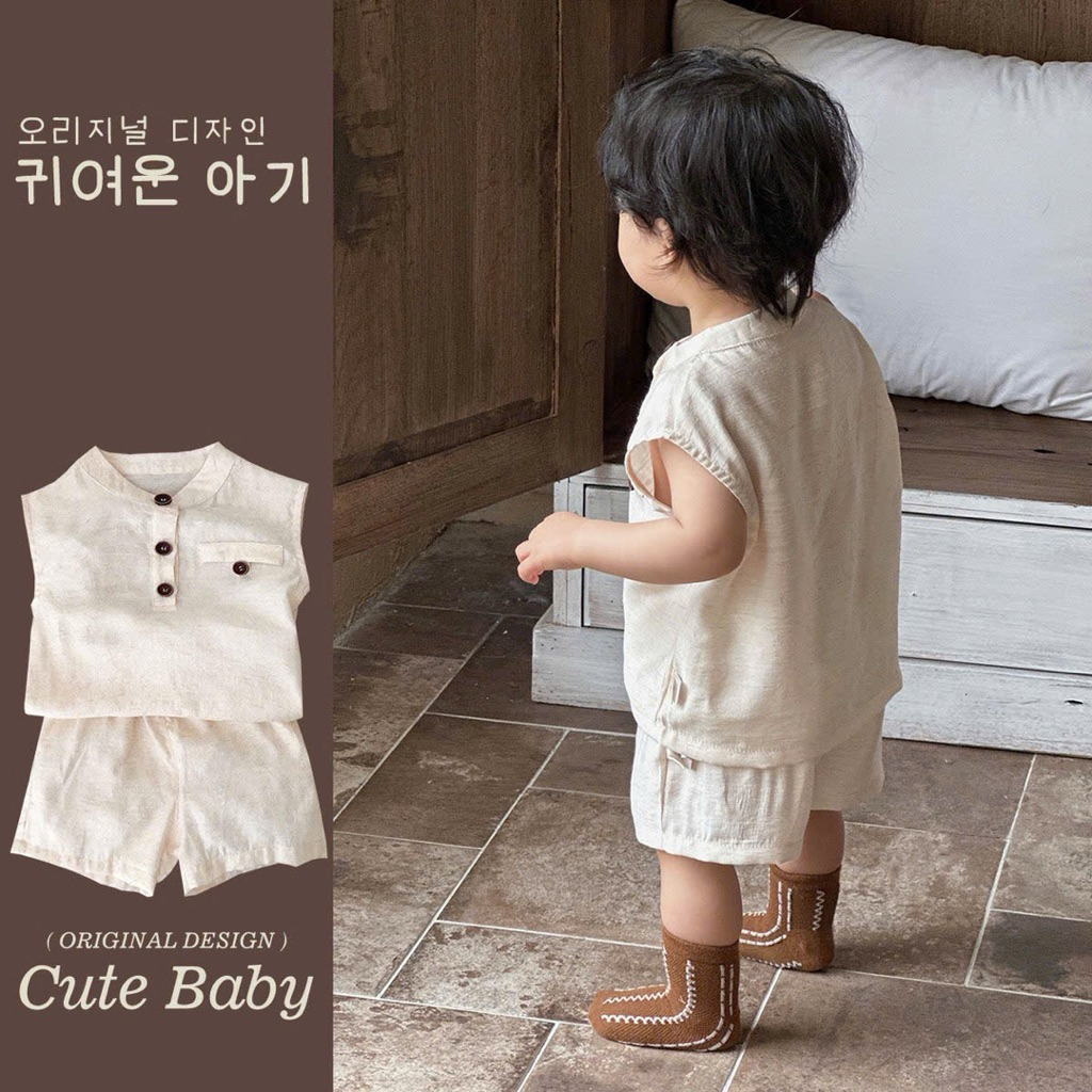 (Order) Bộ quần áo vải đũi mềm cúc khuy trước ngực phong cách Hàn Quốc dành cho bé trai