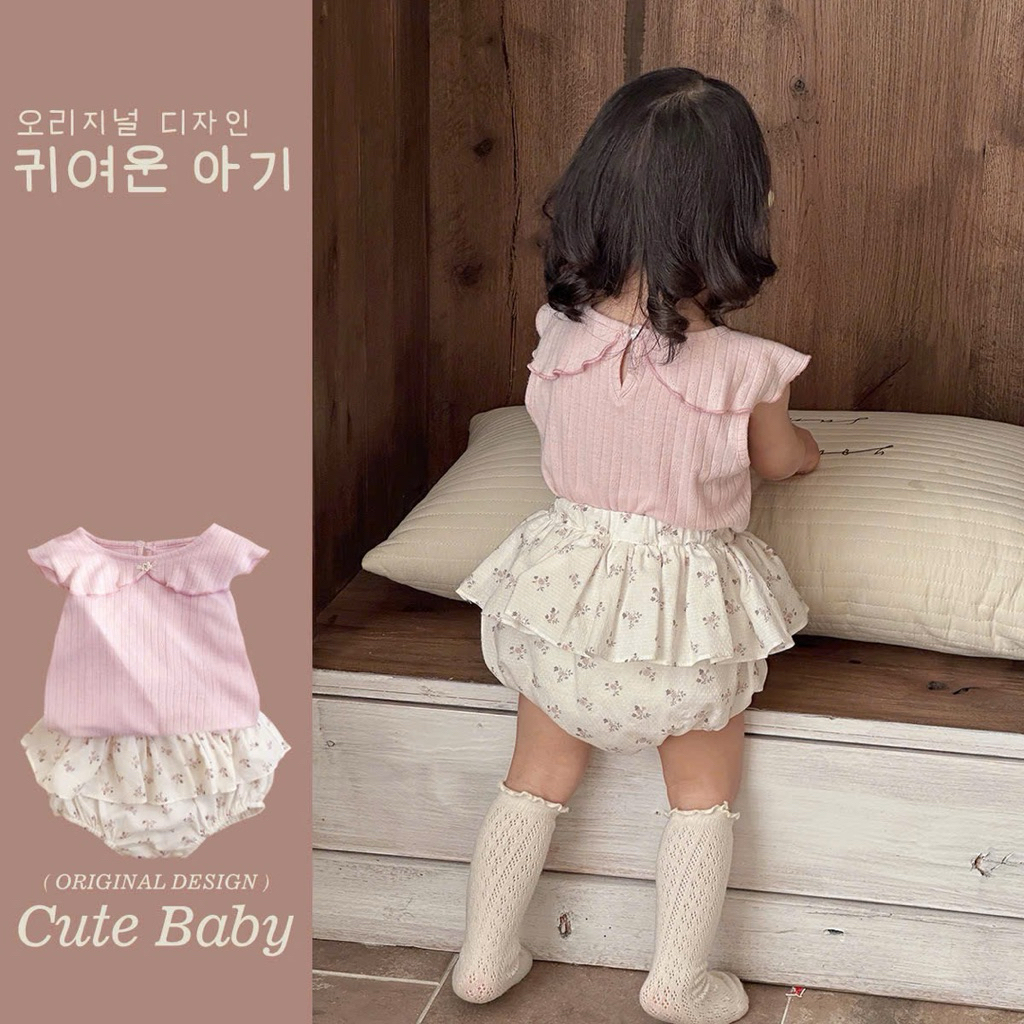 (Order) Suit váy hoa nhí vải mềm + áo sát nách cổ bèo to điệu vải mềm mỏng dành cho bé gái