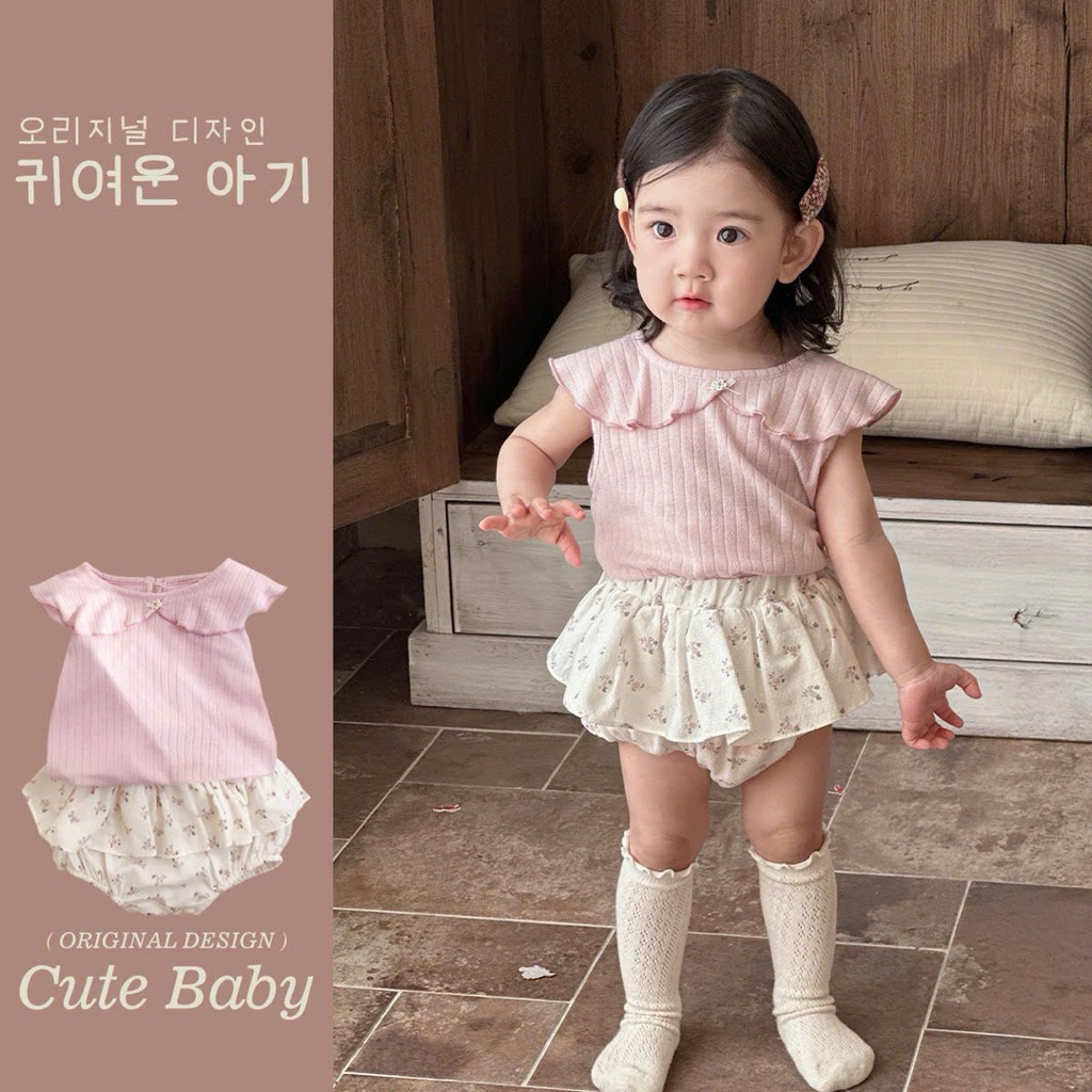 (Order) Suit váy hoa nhí vải mềm + áo sát nách cổ bèo to điệu vải mềm mỏng dành cho bé gái