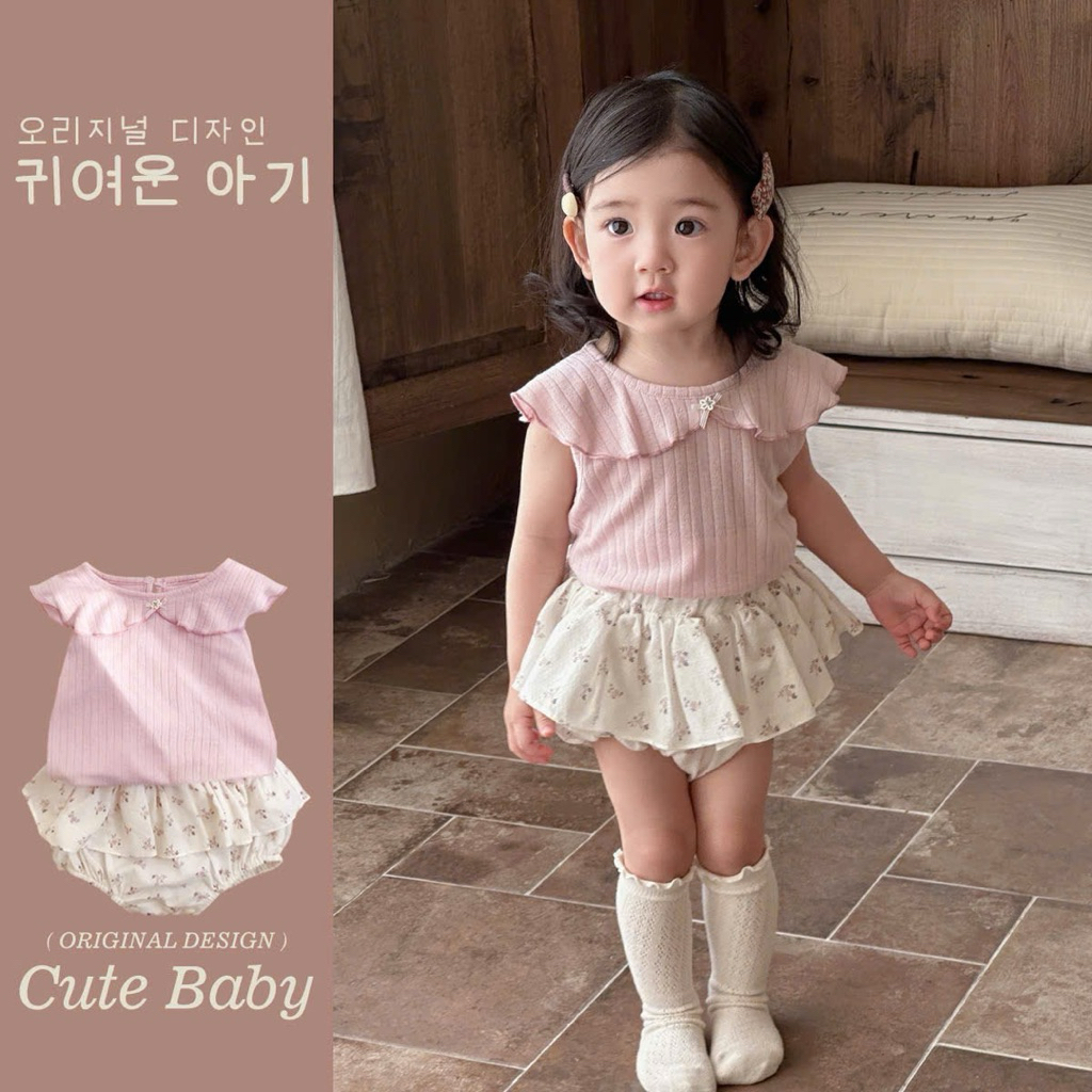 (Order) Suit váy hoa nhí vải mềm + áo sát nách cổ bèo to điệu vải mềm mỏng dành cho bé gái