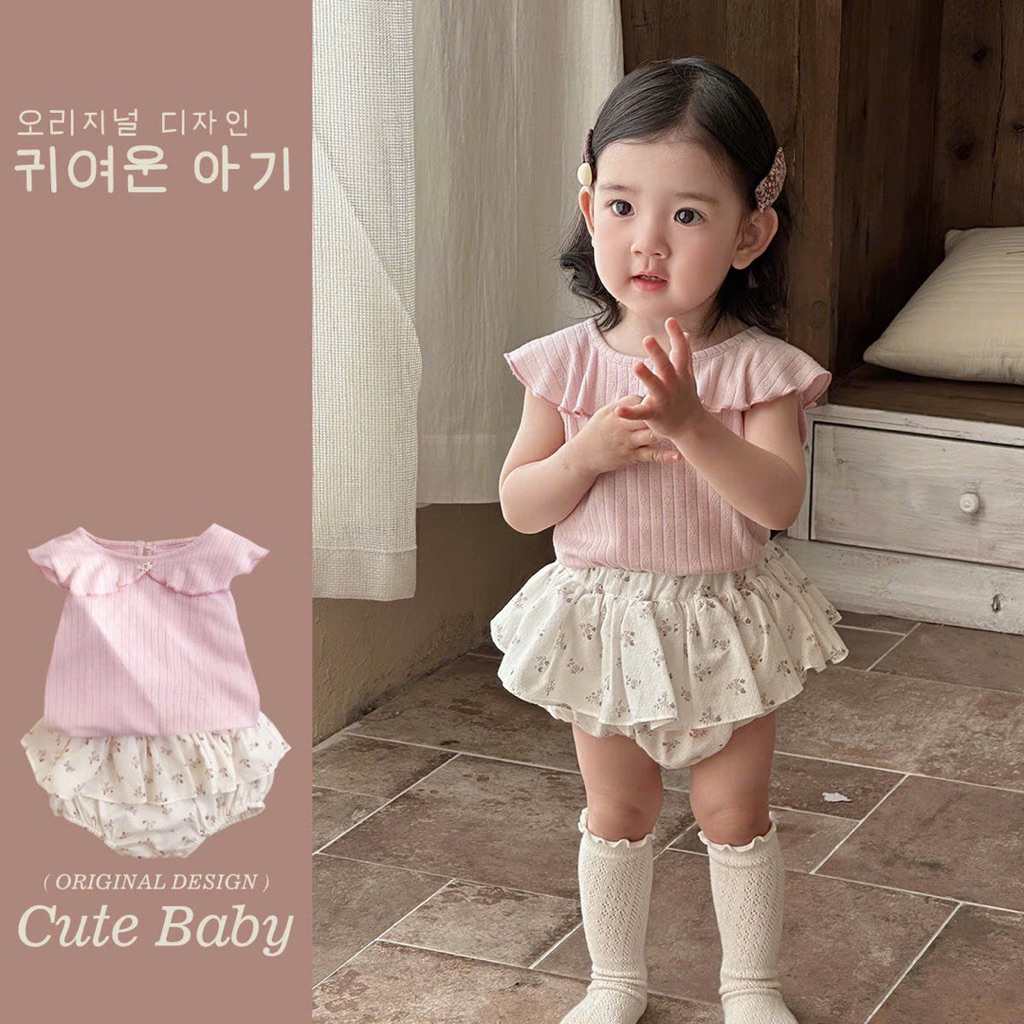(Order) Suit váy hoa nhí vải mềm + áo sát nách cổ bèo to điệu vải mềm mỏng dành cho bé gái