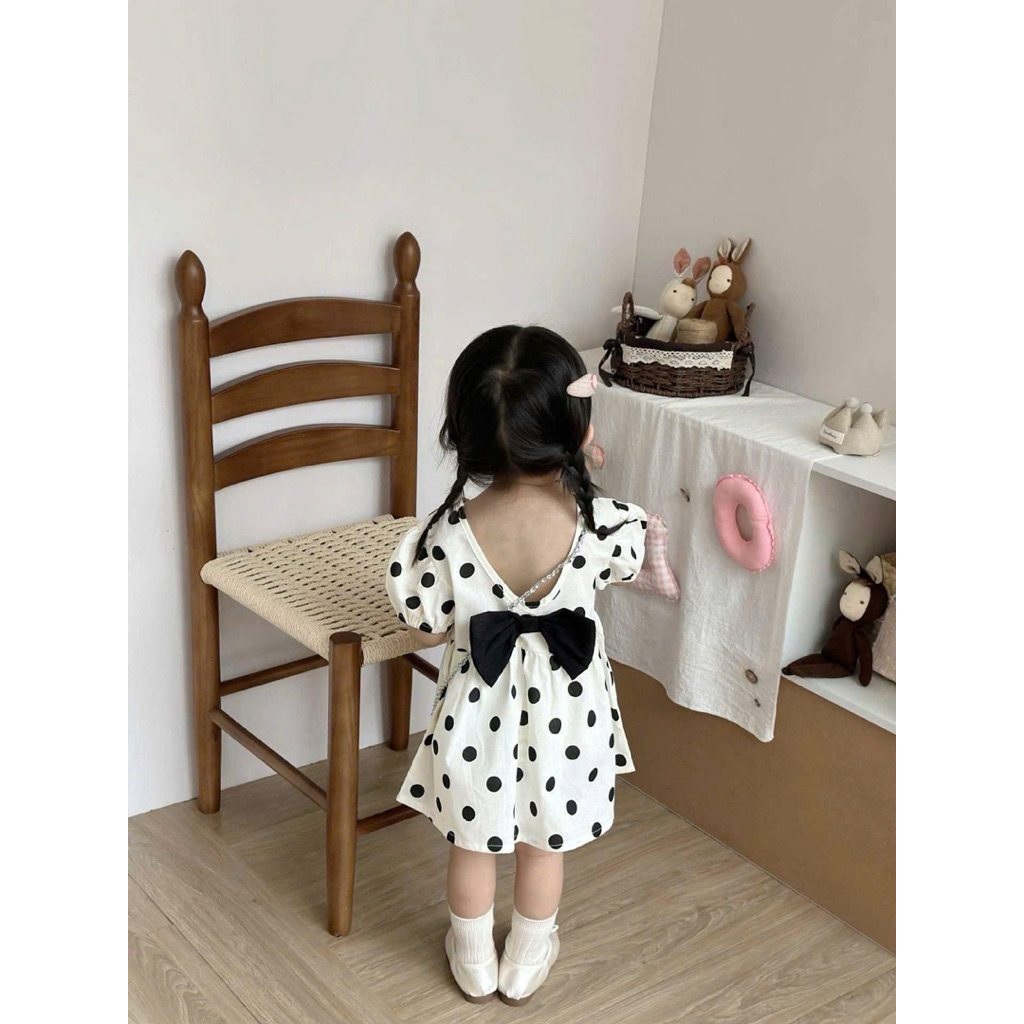 (Sẵn 73) Váy cộc tay phồng xẻ chữ V có nơ đằng sau lưng phong cách đáng yêu dành cho bé gái