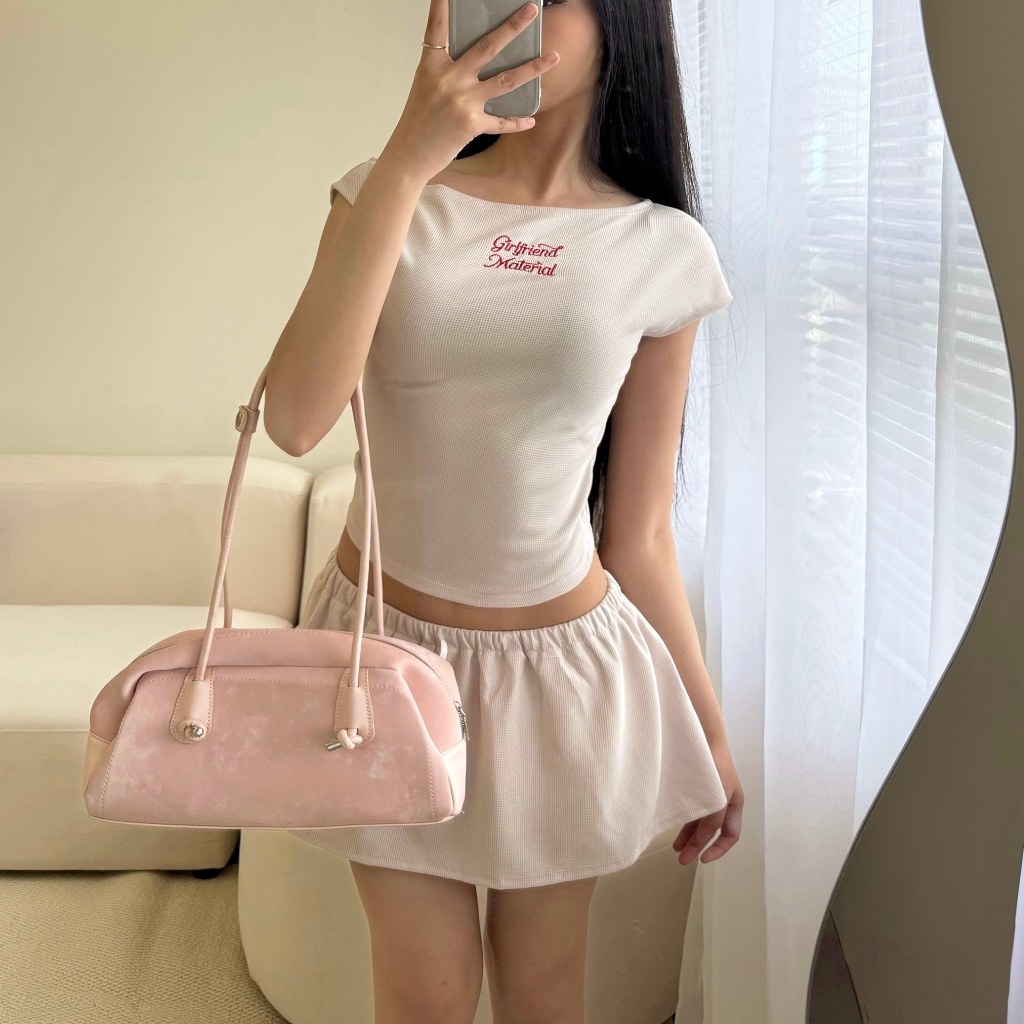 SET BABY TEE LỆCH VAI WAFFLE THÊU GIRL FRIEND FFCLUB MIX 2
