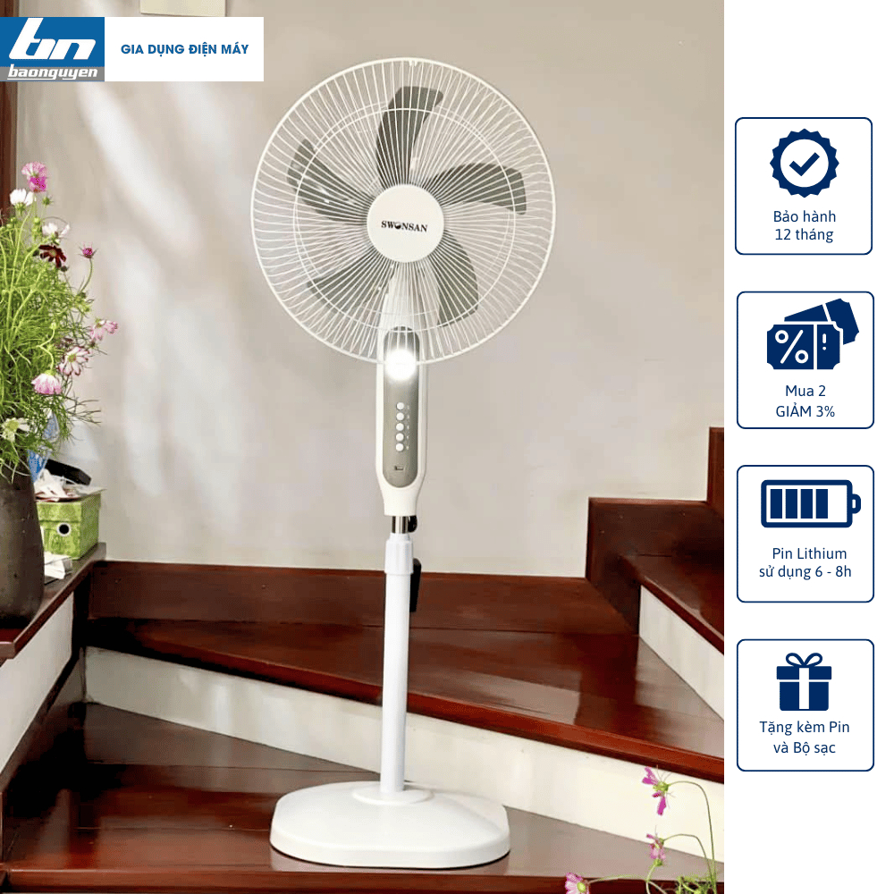 Quạt Cây Sạc Tích Điện SWONSAN CÓ CHỔI THAN Sải Cánh 40CM Có Đèn Led Chiếu Sáng, Cổng Sạc USB