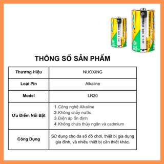 Pin Cỡ D 1.5V Alkaline NUOXING LR20 BH – Pin Đại Dung Lượng Cao Cho Đồ Chơi, Đèn Pin,...