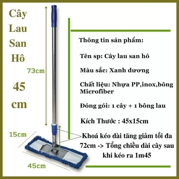 Chổi Lau Nhà Công Nghiệp Cán Rút 42/60/ 90cm Inox Bông San Hô Siêu Thấm Hút, Lau Sạch (Loại 1)