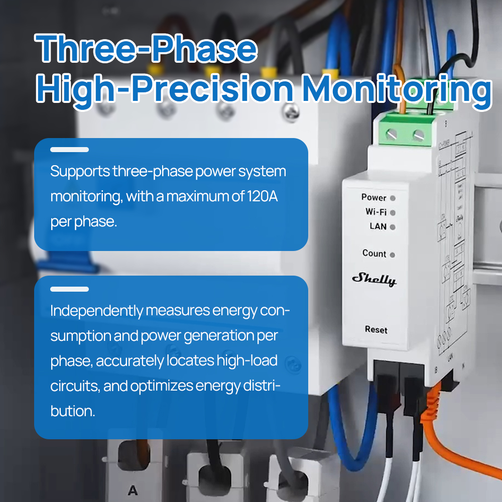 Shelly Pro 3EM 3 pha 220V AC với cảm biến 120A Giám sát độ chính xác cao Tiết kiệm năng lượng lên đến 30%