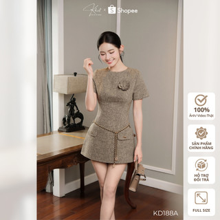 Đầm ngắn Khiết Style tweed nâu xám ánh vàng kèm thắt lưng và hoa cài phong cách thanh lịch sang chảnh KD188A