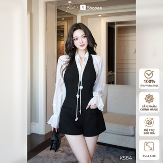 Set rời Khiết Style gồm Áo tơ tay bồng phối dây hoa kèm Quần yếm đen trẻ trung, thanh lịch KS84