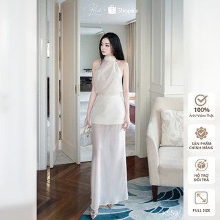 Set Khiết Style cổ yếm chất liệu tằm ướt màu da mềm mại phối tafta kem phong cách dự tiệc KS59