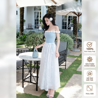 Set Khiết Style gồm áo trễ vai xanh và chân váy ren trắng xòe bay bổng KS198